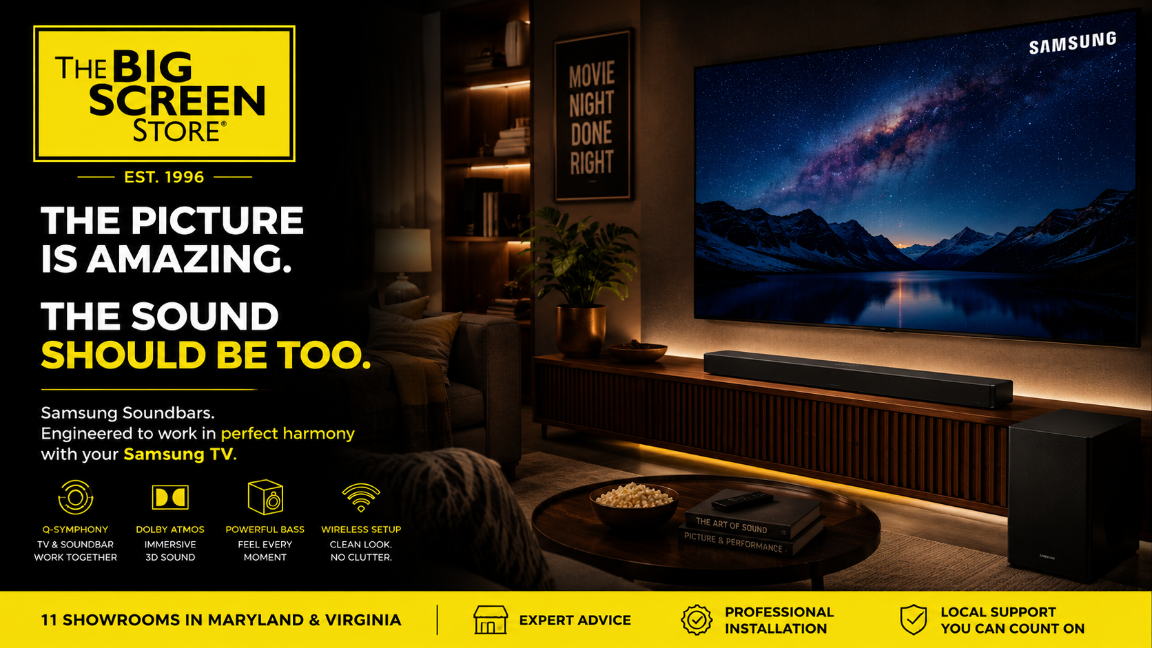 Samsung soundbar displayed below a Samsung TV in a home theater showroom