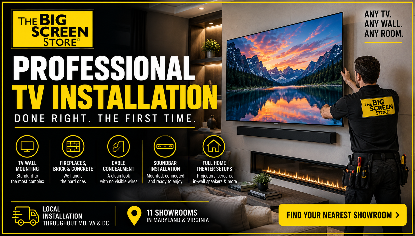 Professional Installers hanging TV and soundbar on wall over fireplace