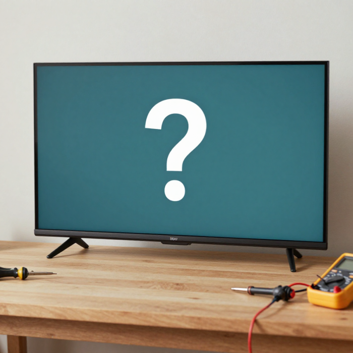 Broken flat-screen TV with repair tools on a workbench, with a question mark indicating the repair-or-replace decision.