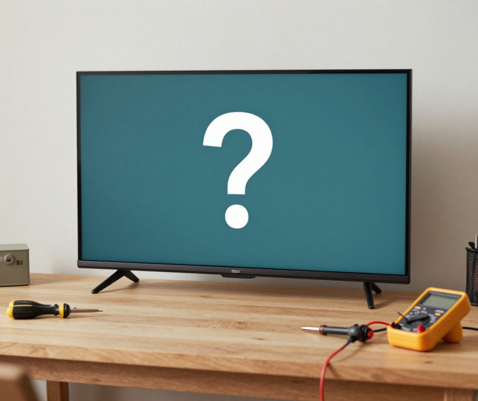 Broken flat-screen TV with repair tools on a workbench, with a question mark indicating the repair-or-replace decision.