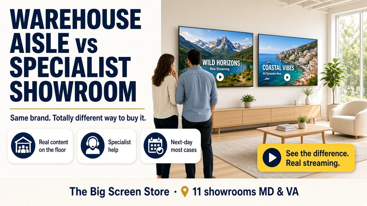 Bright Costco warehouse aisle vs specialist showroom comparison hero