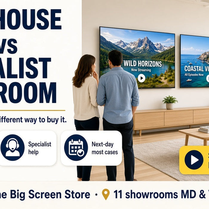 Bright Costco warehouse aisle vs specialist showroom comparison hero