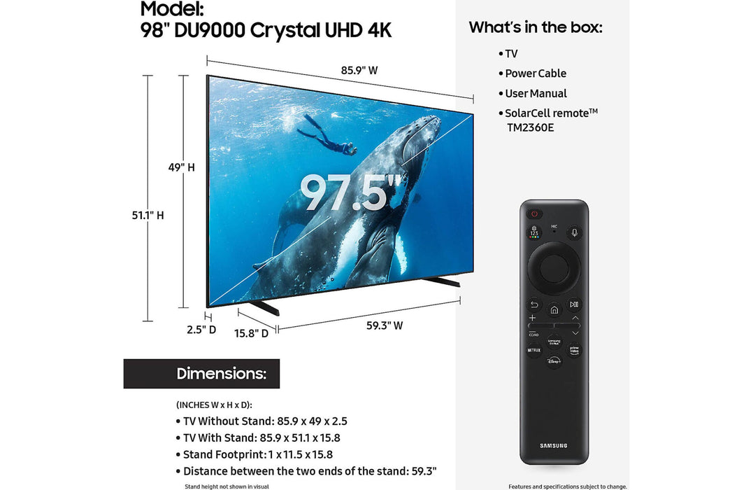 SAMSUNG 98 Inch 4K UHD Crystal HDR Smart TV - UN98DU9000FXZA (2024)