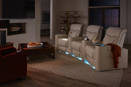 Palliser Vivid 41095 home theater seating in Solana Tusk leather with LED lighting